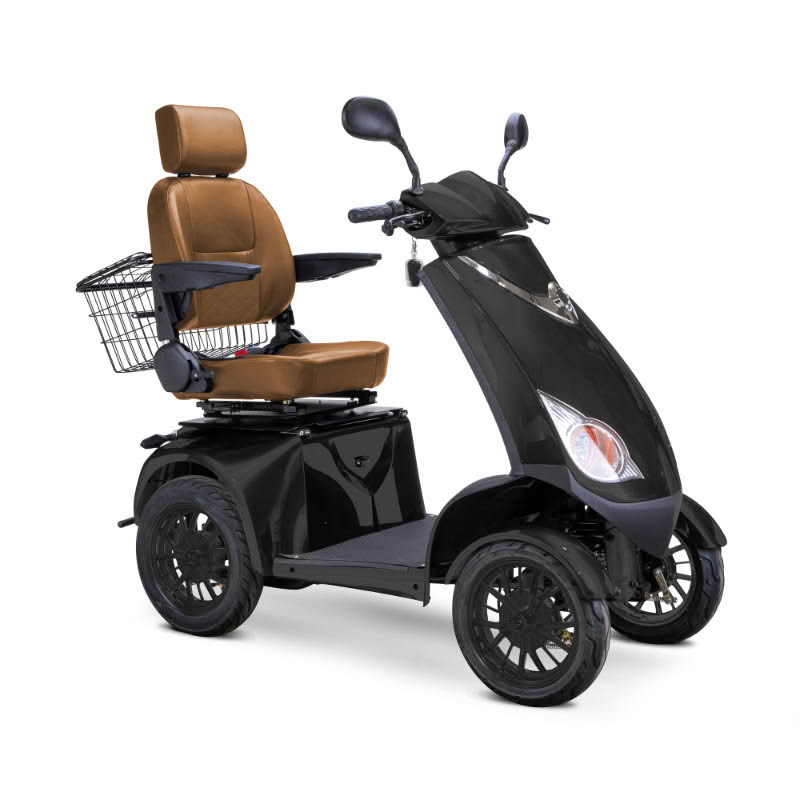 Platinum 4-Wheel Scooter in matte black with brown captains chair and black wheels