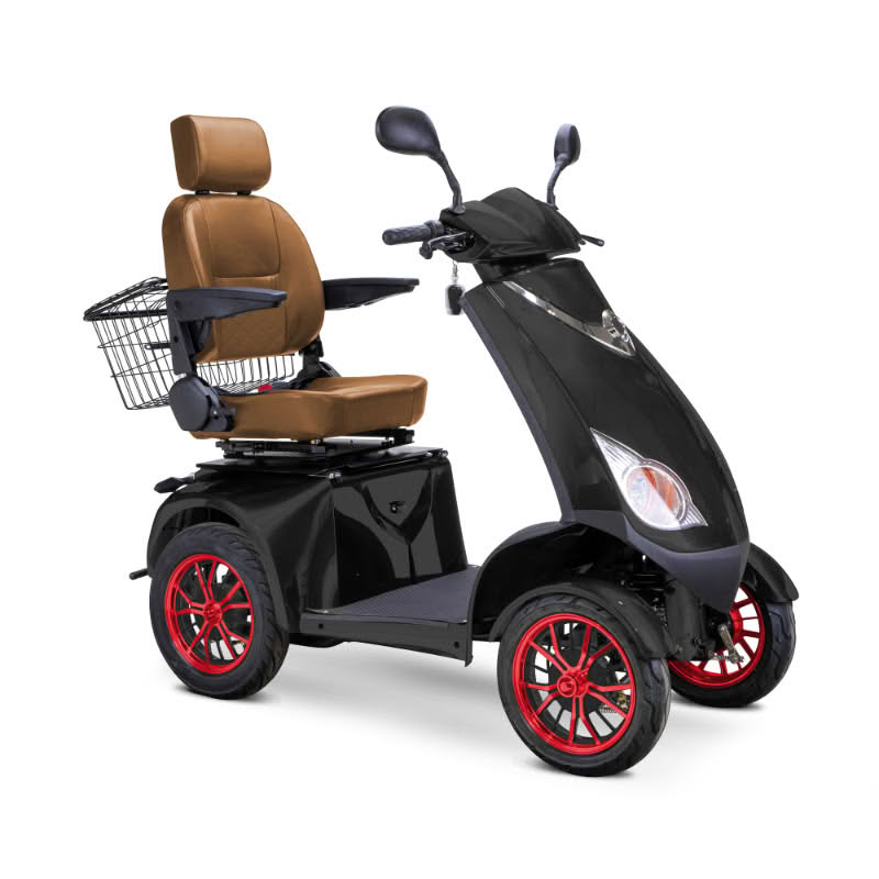 Platinum 4-Wheel Scooter in matte black with brown captains chair and red wheels