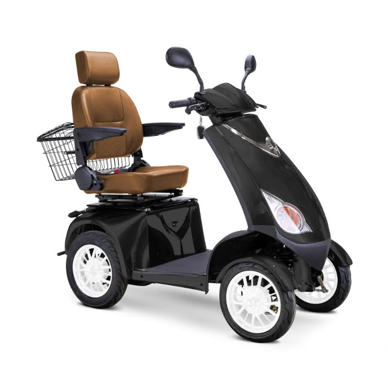 Platinum 4-Wheel Scooter in matte black with brown captains chair and white wheels