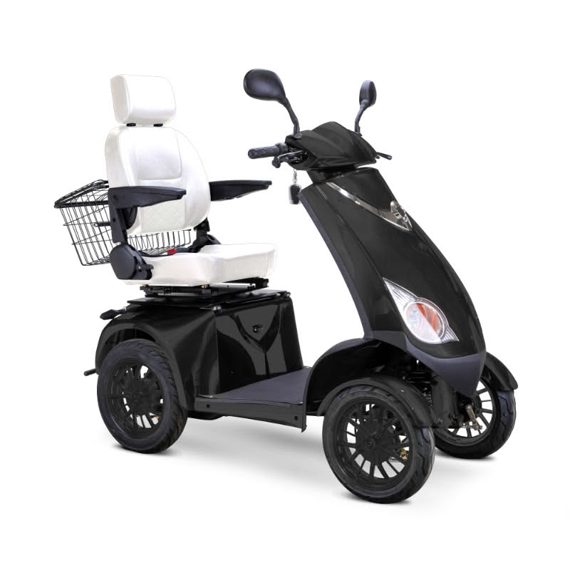 Platinum 4-Wheel Scooter in matte black with white captains chair and black wheels