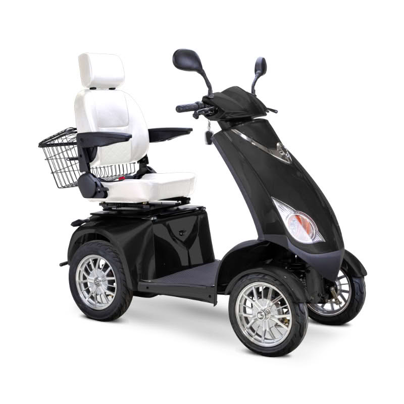 Platinum 4-Wheel Scooter in matte black with white captains chair and chrome wheels