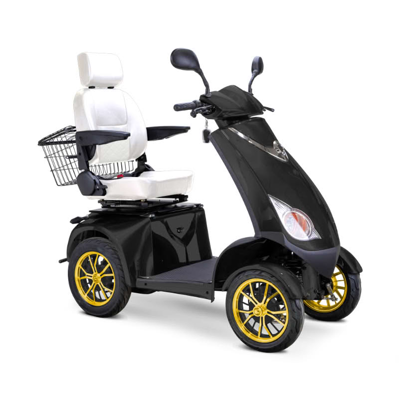 Platinum 4-Wheel Scooter in matte black with white captains chair and gold wheels