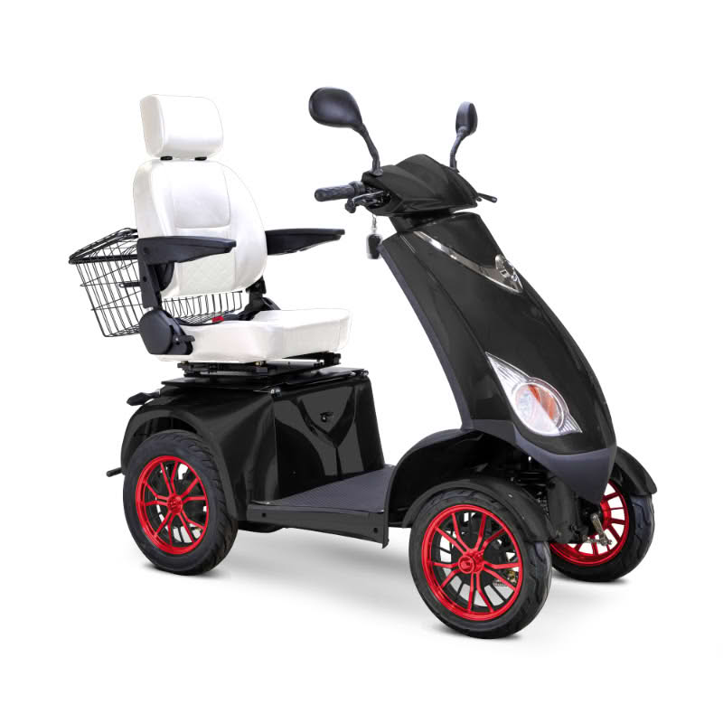 Platinum 4-Wheel Scooter in matte black with white captains chair and red wheels