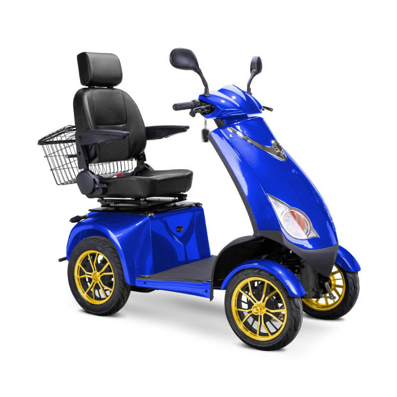 Platinum 4-Wheel Scooter in blue with black captains chair and gold wheels