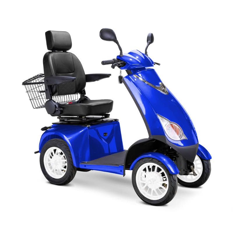 Platinum 4-Wheel Scooter in blue with black captains chair and white wheels