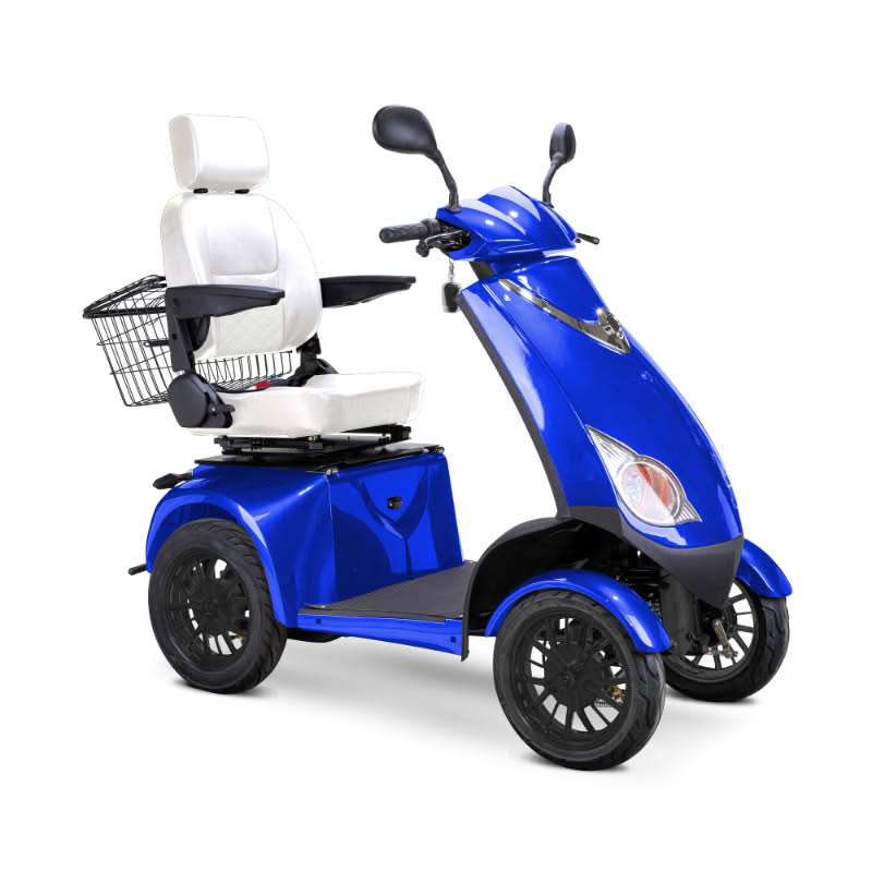 Platinum 4-Wheel Scooter in blue with white captains chair and black wheels
