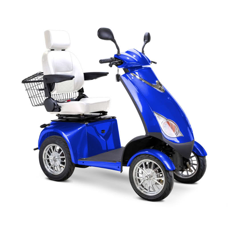 Platinum 4-Wheel Scooter in blue with white captains chair and chrome wheels