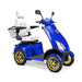 Platinum 4-Wheel Scooter in blue with white captains chair and gold wheels