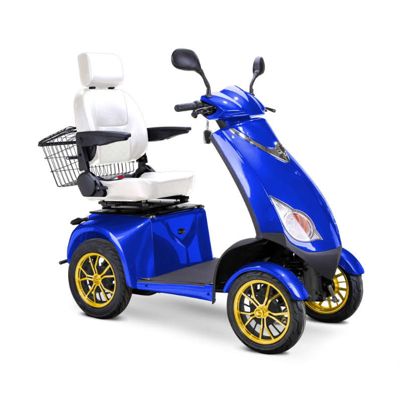 Platinum 4-Wheel Scooter in blue with white captains chair and gold wheels