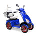 Platinum 4-Wheel Scooter in blue with white captains chair and red wheels