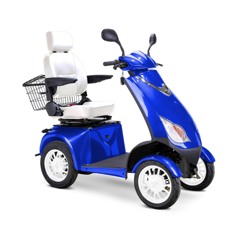 Platinum 4-Wheel Scooter in blue with white captains chair and white wheels