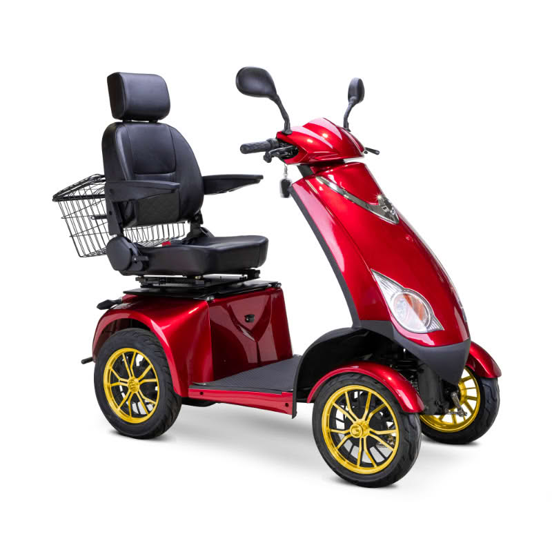 Platinum 4-Wheel Scooter in red with black captains chair and gold wheels
