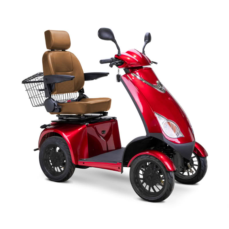 Platinum 4-Wheel Scooter in red with brown captains chair and black wheels
