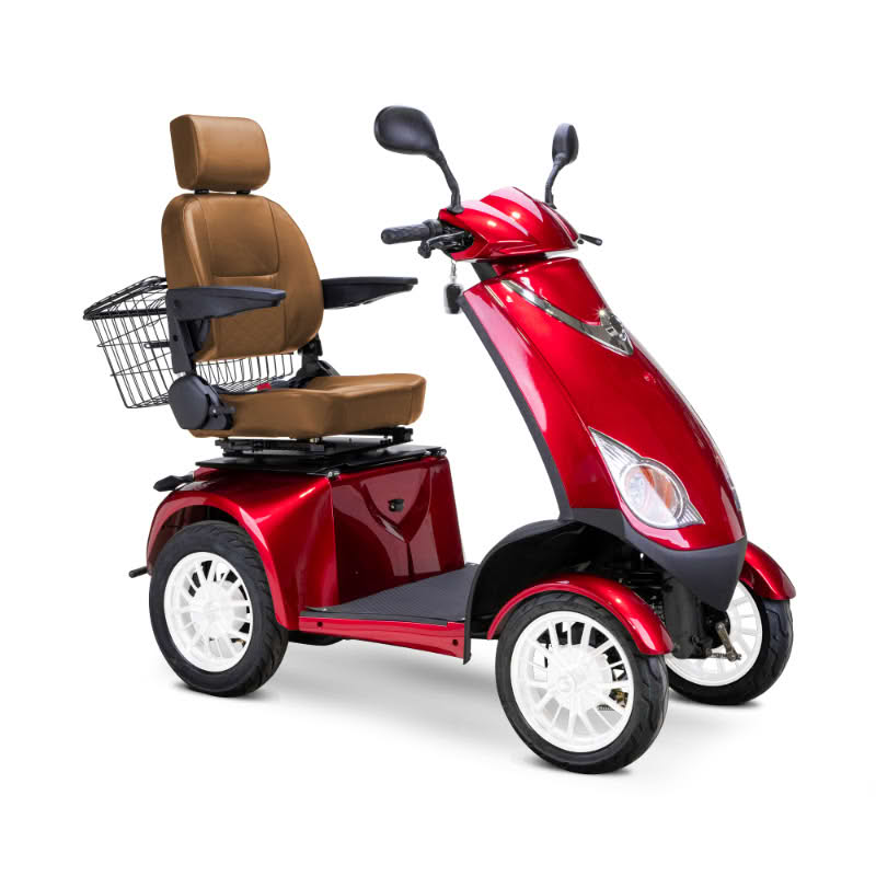Platinum 4-Wheel Scooter in red with brown captains chair and white wheels