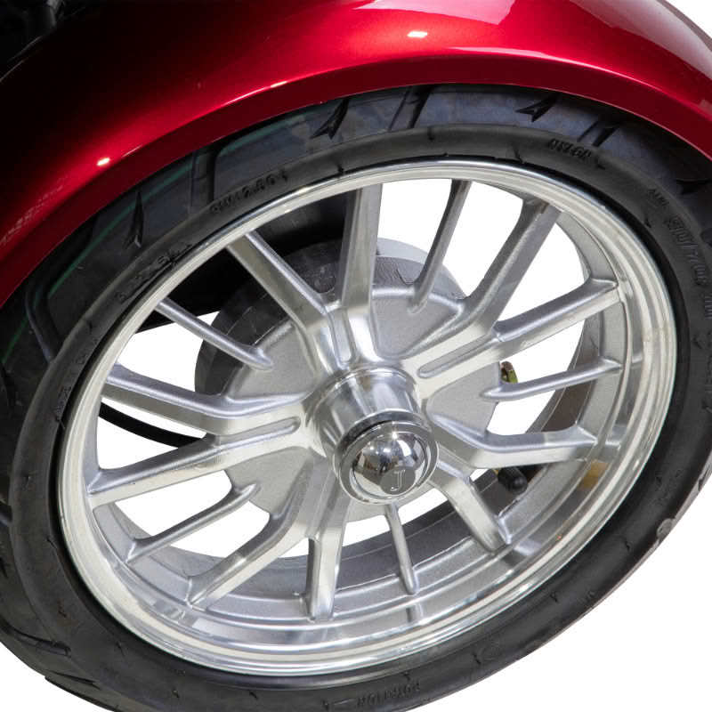 Platinum 4-Wheel Scooter in red, front wheel close up