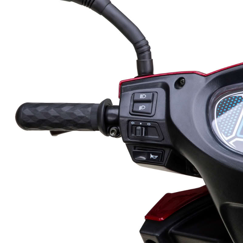 Platinum 4-Wheel Scooter in red, left handlebar, light controls, turn signal control and horn