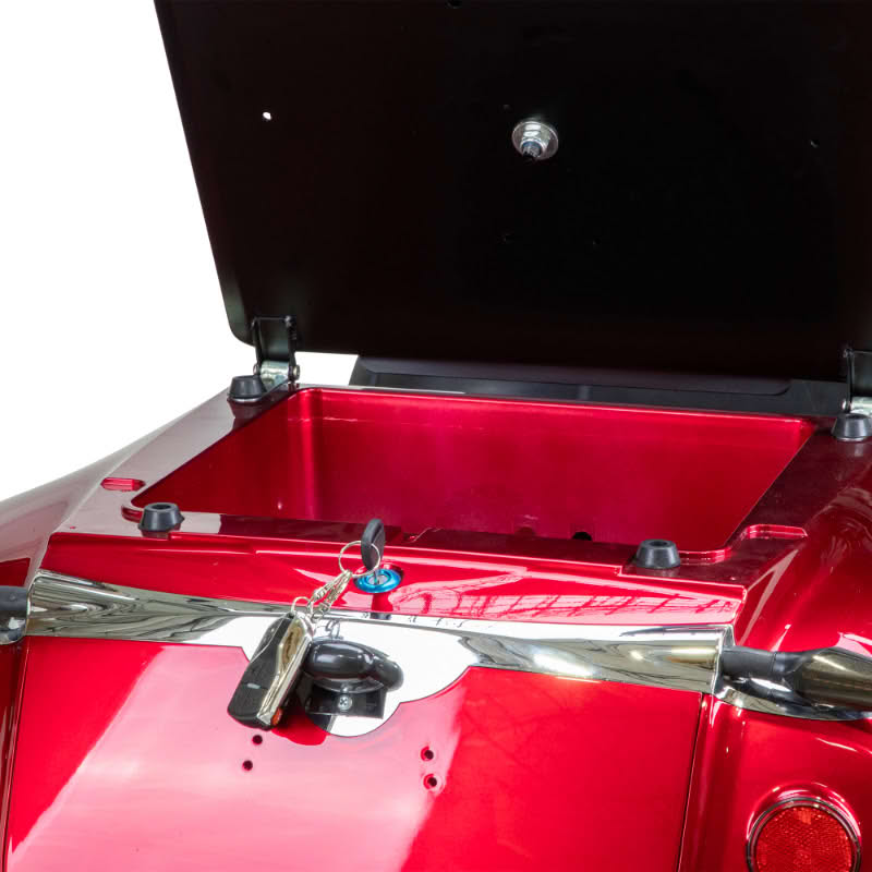 Platinum 4-Wheel Scooter in red, close up view of storage under the seat