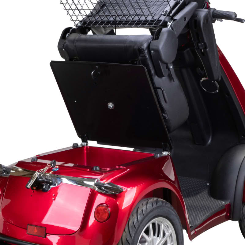 Platinum 4-Wheel Scooter in red with storage compartment under the seat