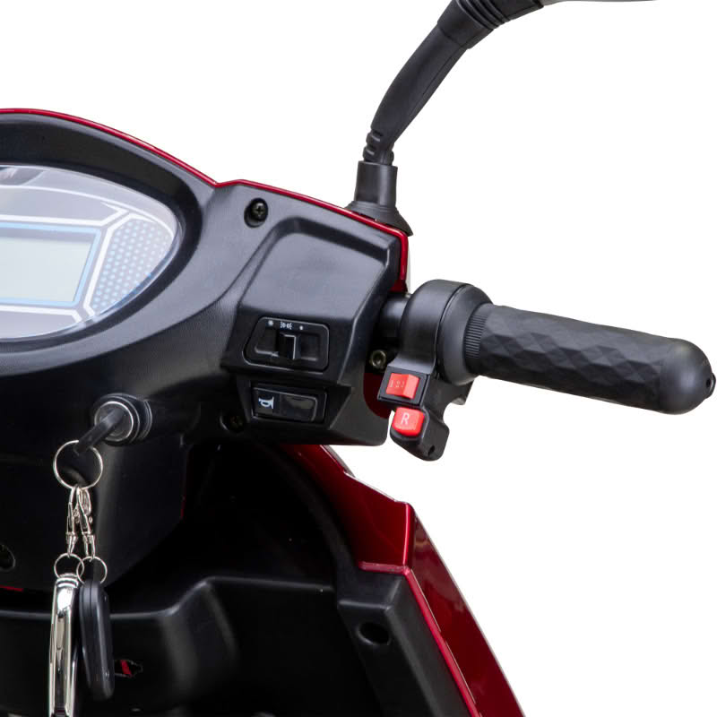Platinum 4-Wheel Scooter in red, right handlebar, reverse button and horn.