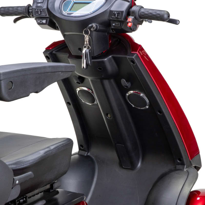 Platinum 4-Wheel Scooter in red, tiller with audio speakers, key and keyfob