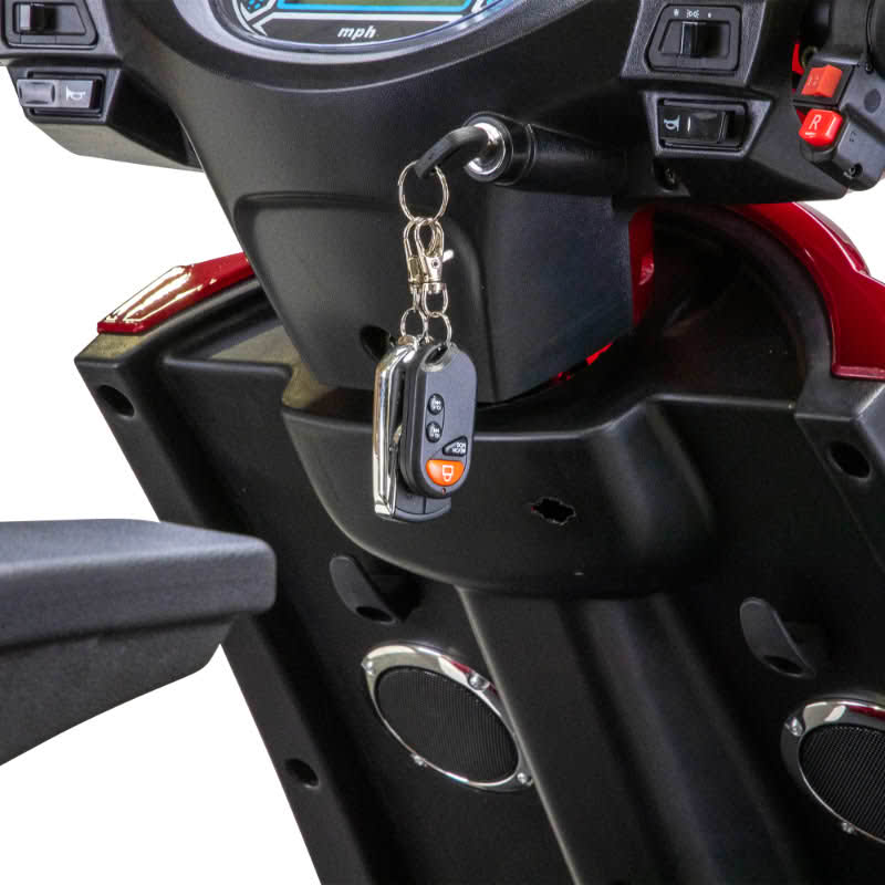 Platinum 4-Wheel Scooter in red, close up of tiller