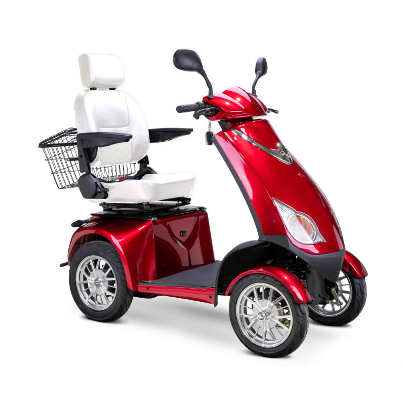 Platinum 4-Wheel Scooter in red with white captains chair and chrome wheels
