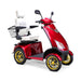 Platinum 4-Wheel Scooter in red with white captains chair and gold wheels