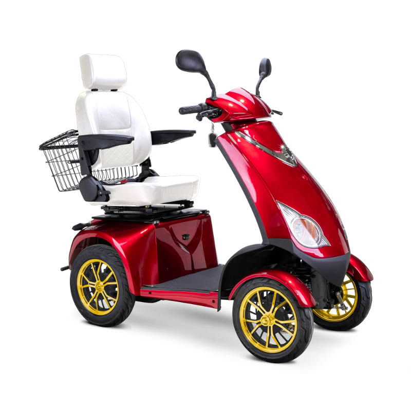 Platinum 4-Wheel Scooter in red with white captains chair and gold wheels
