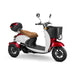 Supreme 3-Wheel Scooter in red and white, brown extended saddleseat, black wheels, sideview