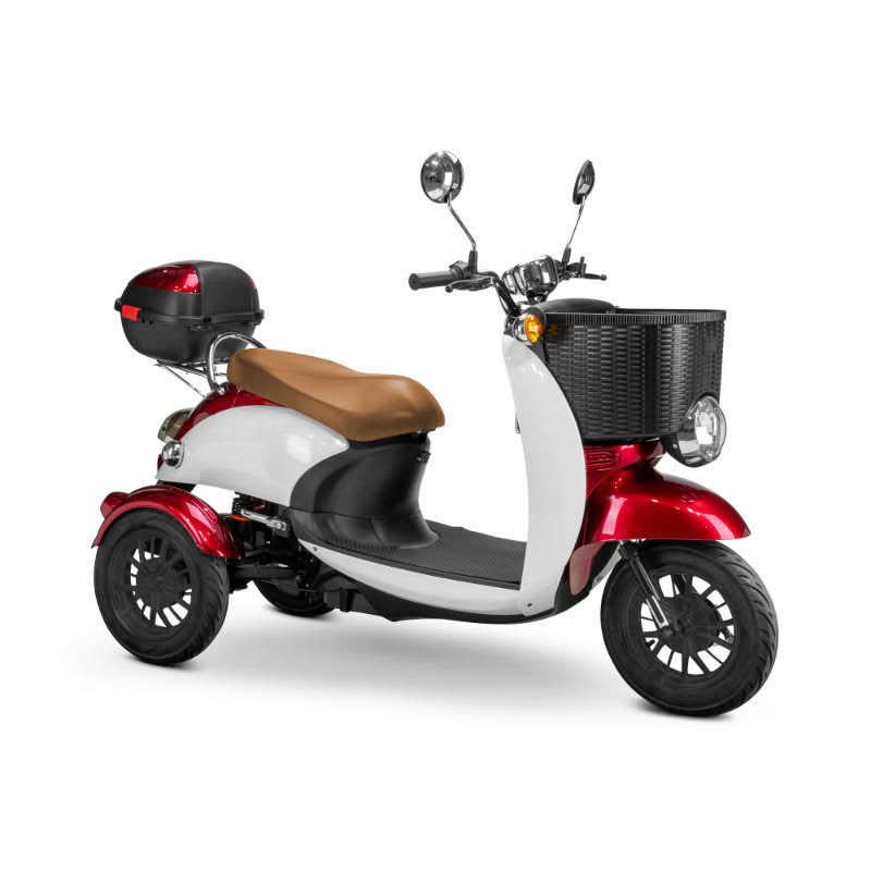 Supreme 3-Wheel Scooter in red and white, brown extended saddleseat, black wheels, sideview