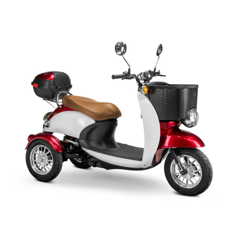 Supreme 3-Wheel Scooter in red and white, brown extended saddleseat, chrome wheels, sideview