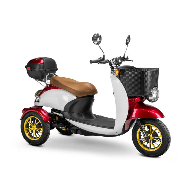 Supreme 3-Wheel Scooter in red and white, brown extended saddleseat, gold wheels, sideview