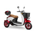 Supreme 3-Wheel Scooter in red and white, brown extended saddleseat, red wheels, sideview