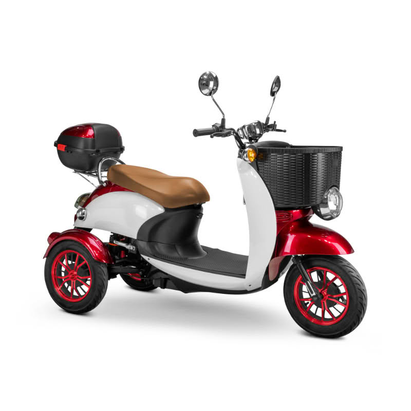 Supreme 3-Wheel Scooter in red and white, brown extended saddleseat, red wheels, sideview