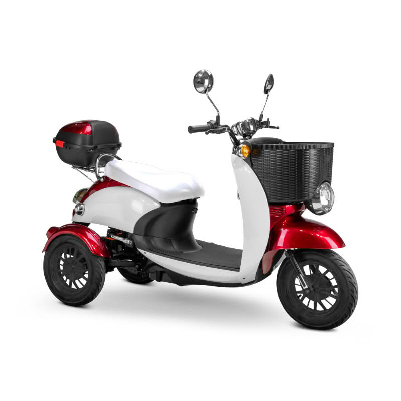 Supreme 3-Wheel Scooter in red and white, white extendend saddleseat, black wheels, sideview