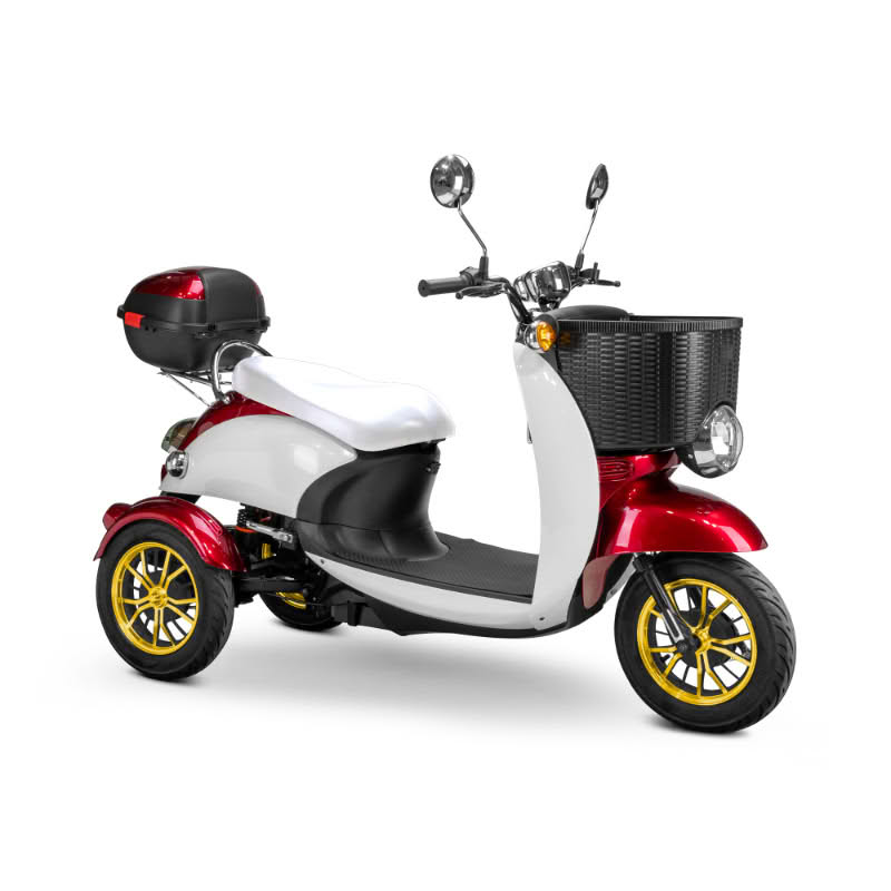 Supreme 3-Wheel Scooter in red and white, white extended saddleseat, gold wheels, sideview