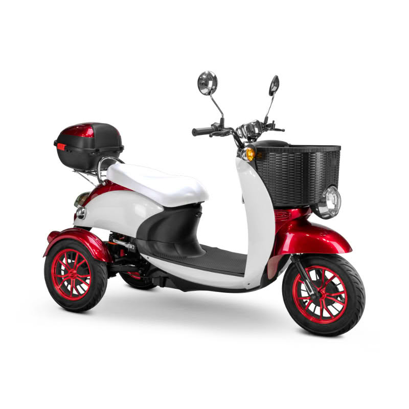 Supreme 3-Wheel Scooter in red and white, white extended saddleseat, red wheels, sideview