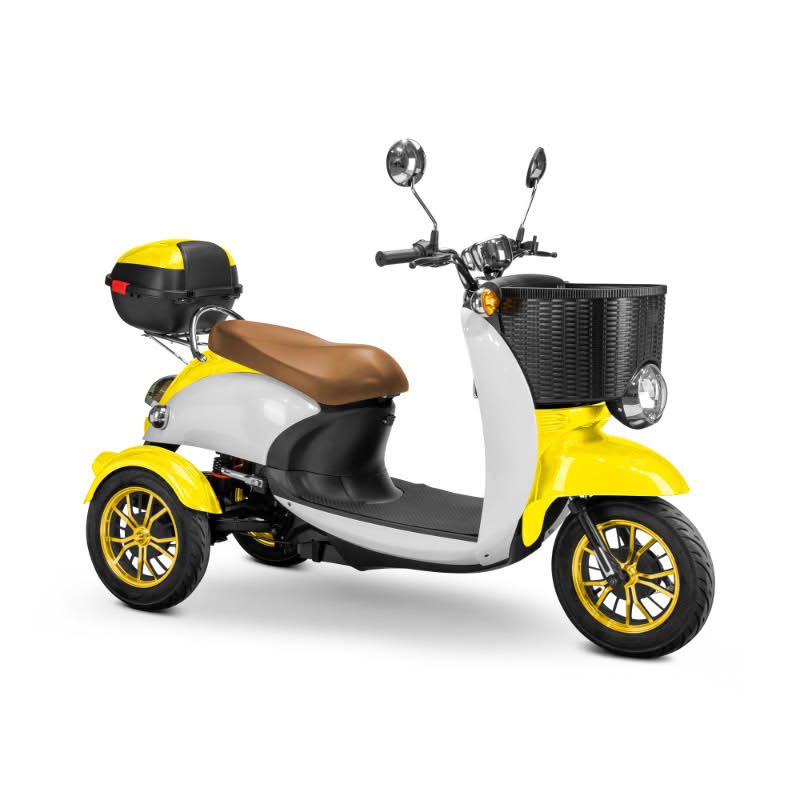 Supreme 3-Wheel Scooter in yellow and white, brown extended saddleseat, gold wheels, sideview