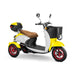 Supreme 3-Wheel Scooter in yellow and white, brown extended saddleseat, red wheels, sideview