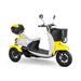 Supreme 3-Wheel Scooter in yellow and white, white extended saddleseat, black wheels, sideview