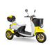 Supreme 3-Wheel Scooter in yellow and white, white extended saddleseat, gold wheels, sideview