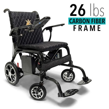 ComfyGo Phoenix Carbon-Fiber Electric Wheelchair in black, weight listed