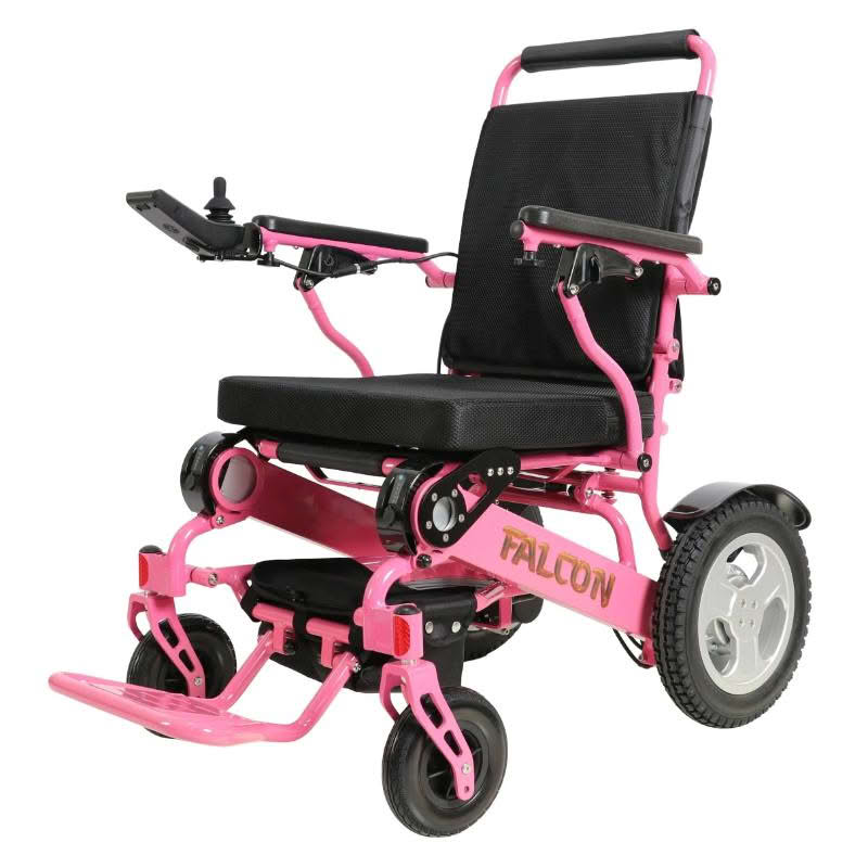 Falcon Portable Power Wheelchair in pink, front left view