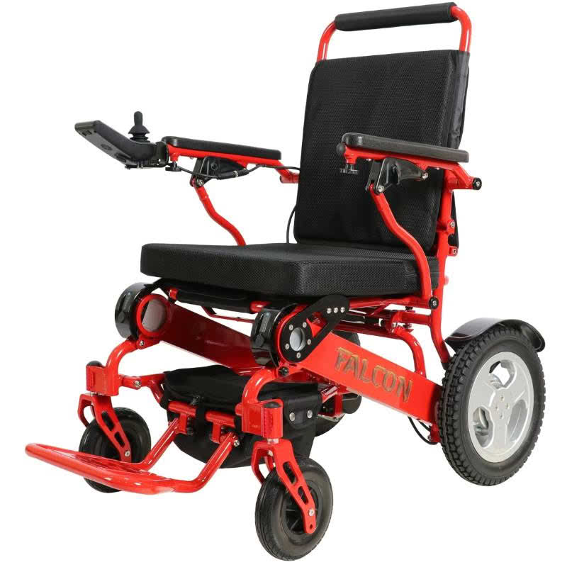 Falcon Portable Power Wheelchair in red, front left view