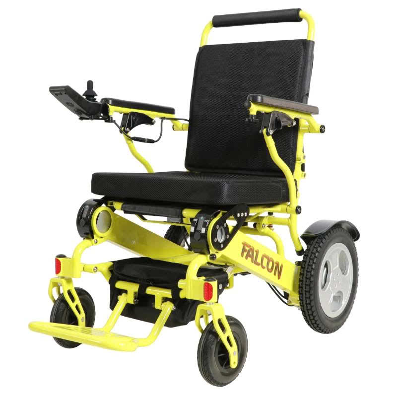 Falcon Portable Power Wheelchair in yellow, front left view