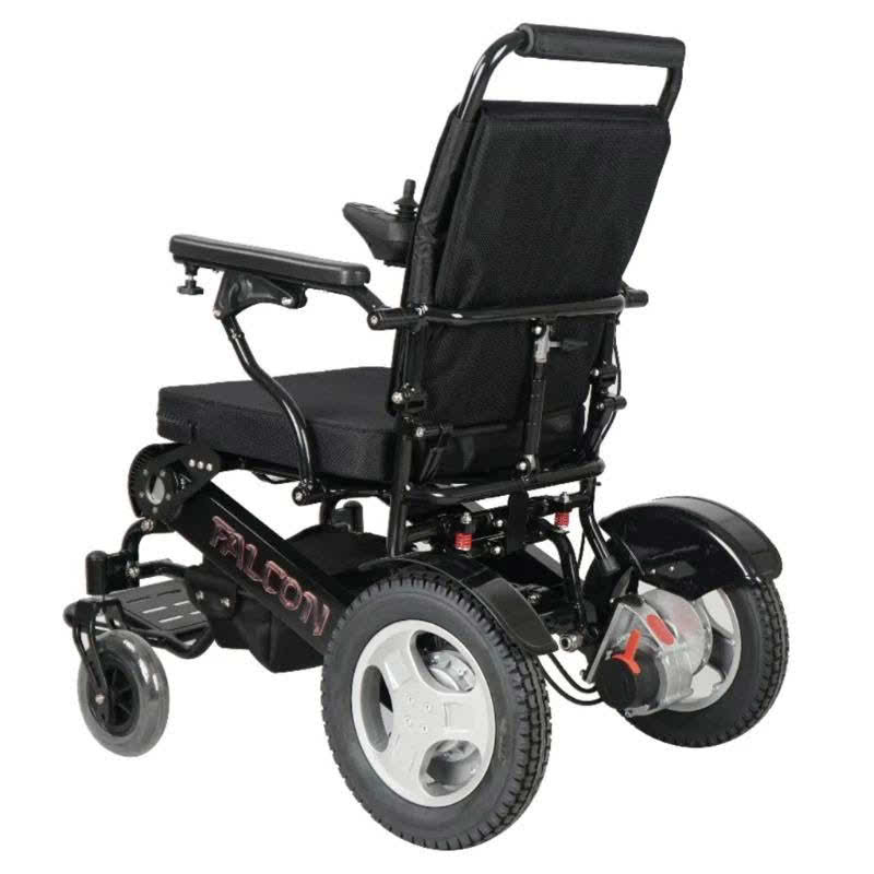 Falcon Portable Power Wheelchair in black, back left view