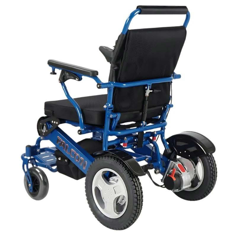 Falcon Portable Power Wheelchair in blue, back left view