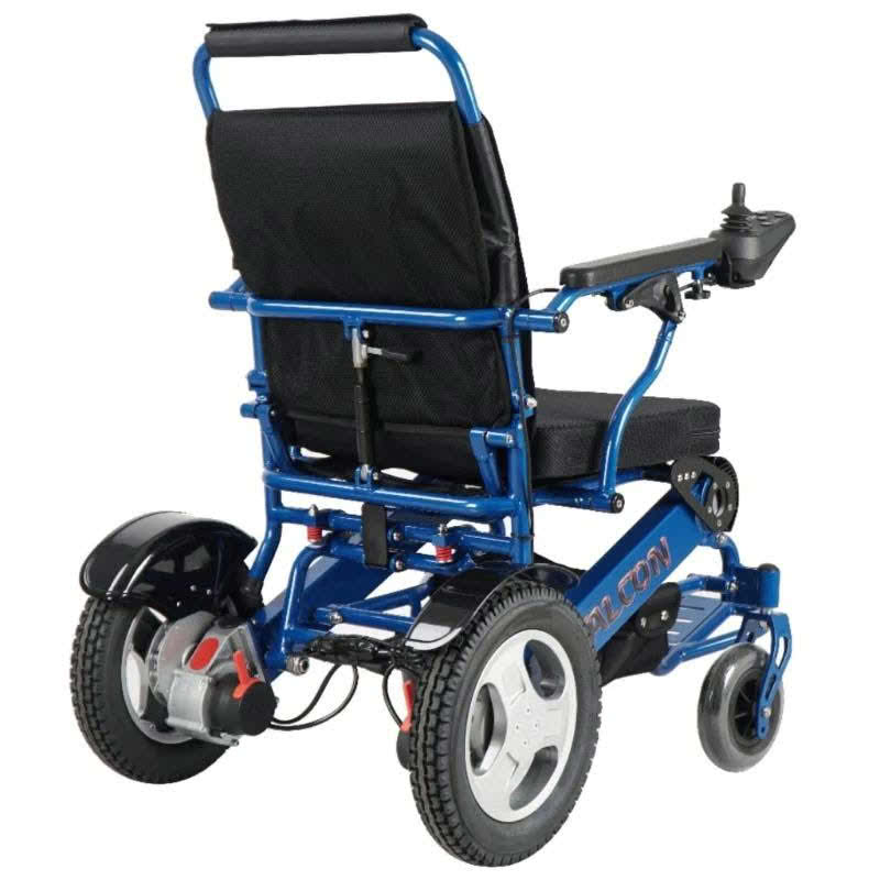 Falcon Portable Power Wheelchair in blue, back right view