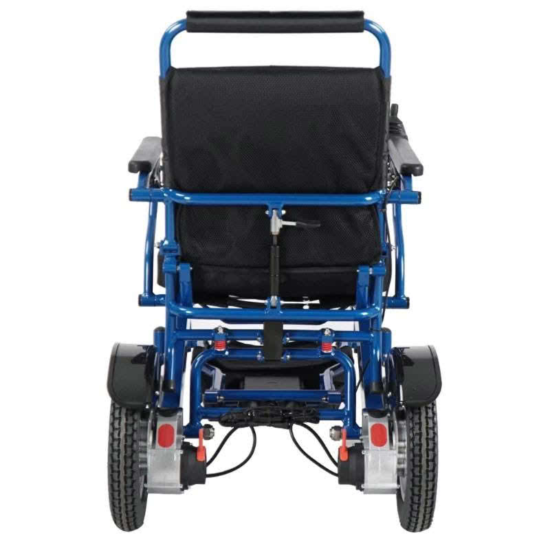 Falcon Portable Power Wheelchair in blue, back view