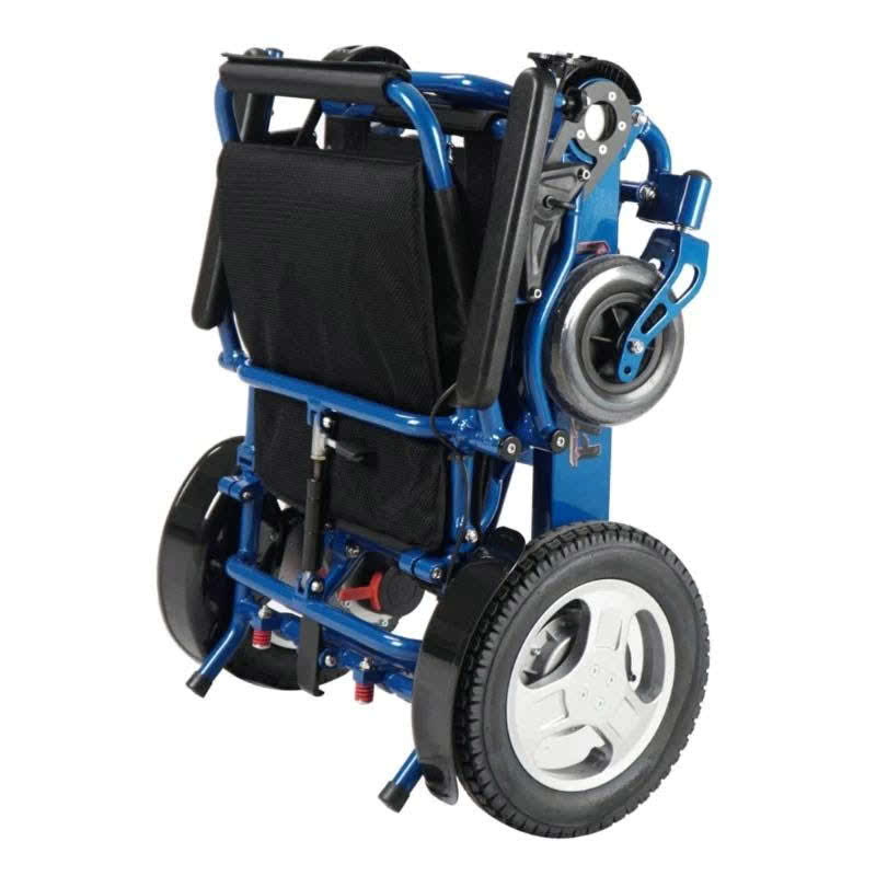 Falcon Portable Power Wheelchair in blue, folded front view